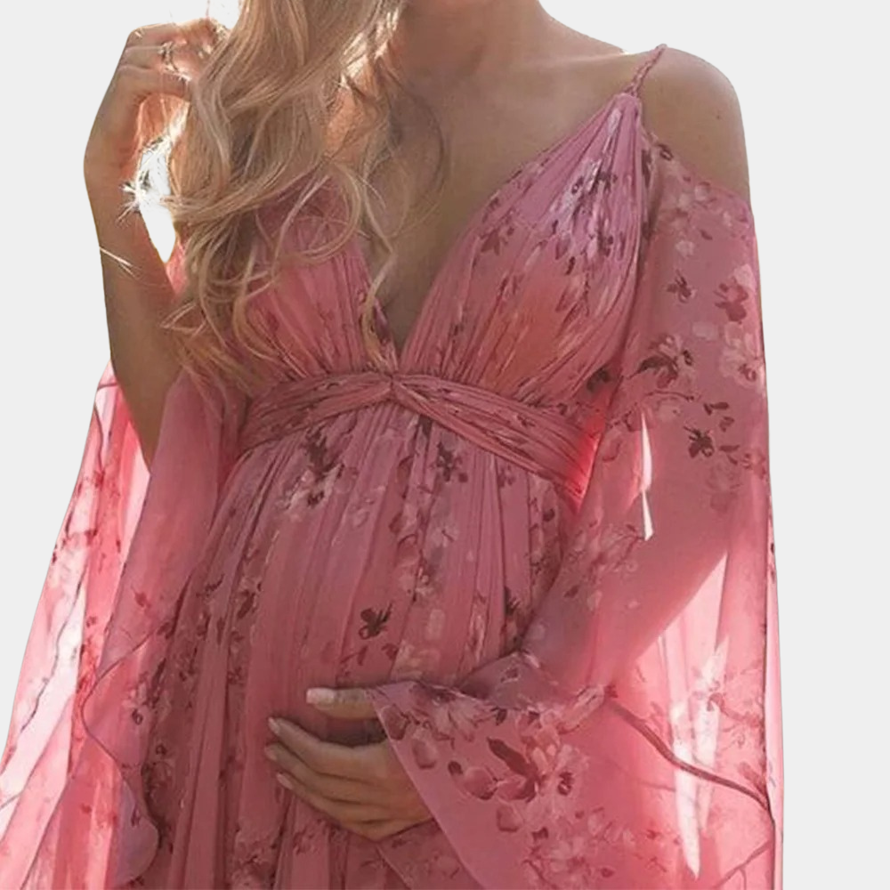 Floral Maxi Dress Pink Chiffon Bell Sleeve Design - Detailed view