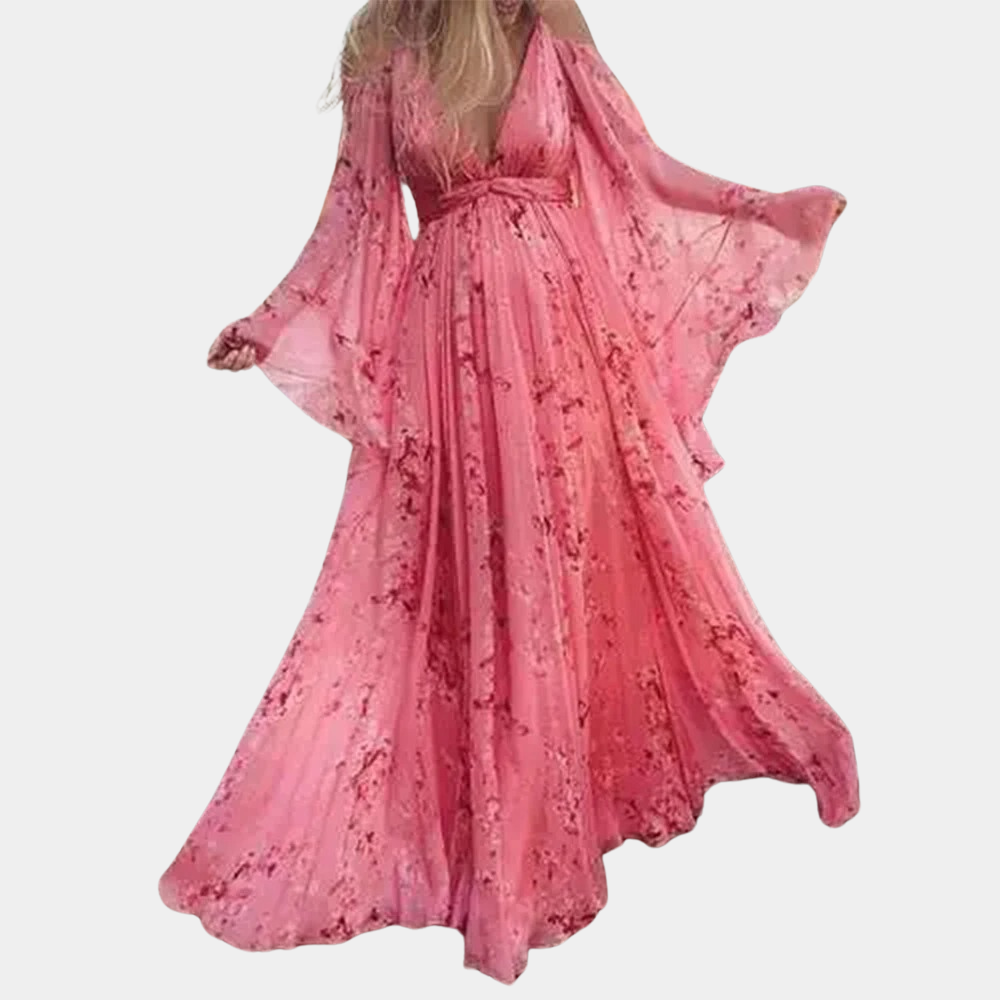 Floral Maxi Dress Pink Chiffon Bell Sleeve Design - Product example