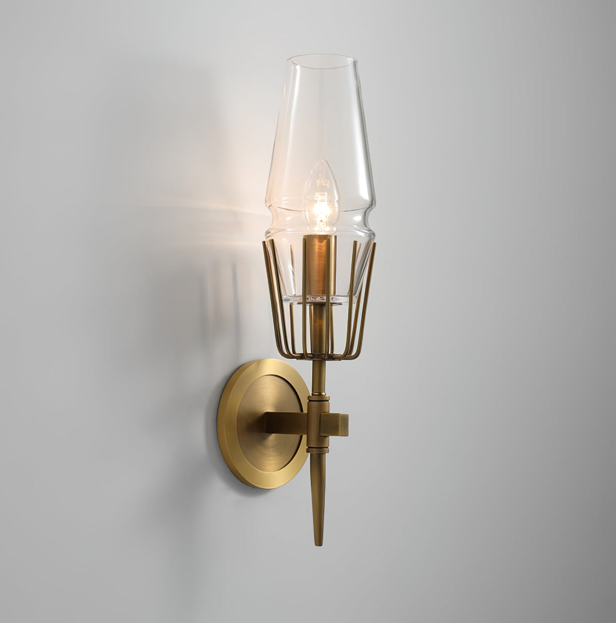 Modern Wall Sconce Brass Frame Clear Glass Shade - Detailed view
