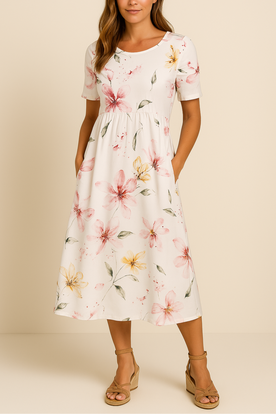 Botanical Midi Dress Garden Floral Print Cotton Blend - Detailed view