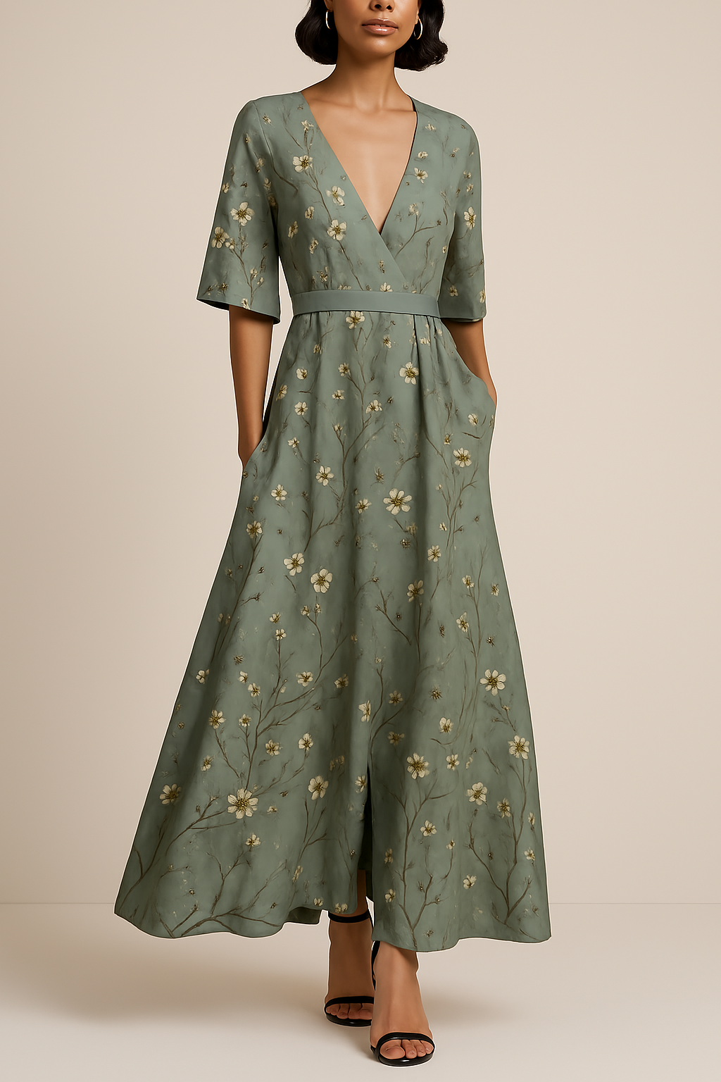 Floral Maxi Dress Grey Blue with Red Blooms V-Neck Design - Detailed view