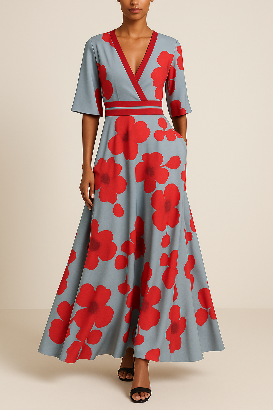 Floral Maxi Dress Grey Blue with Red Blooms V-Neck Design - Product showcase