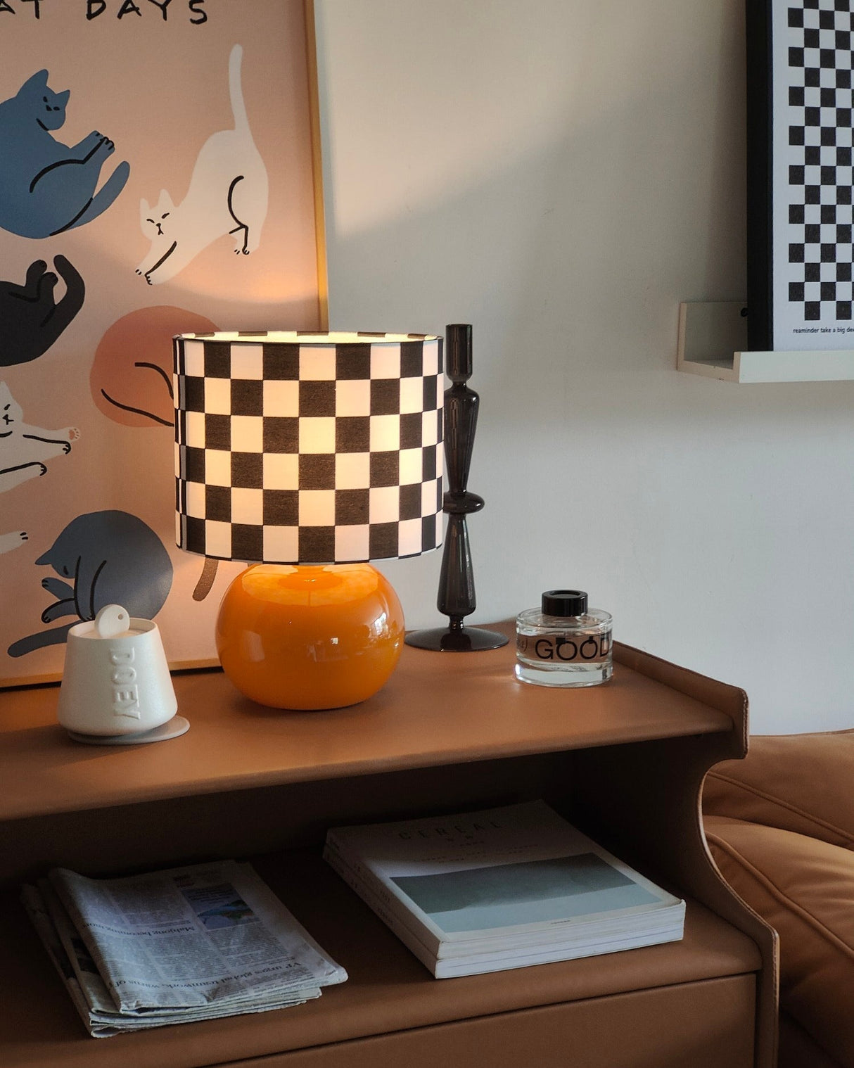 Geometric Table Lamp Orange Glass Base with Checkerboard Shade - Product detail 10