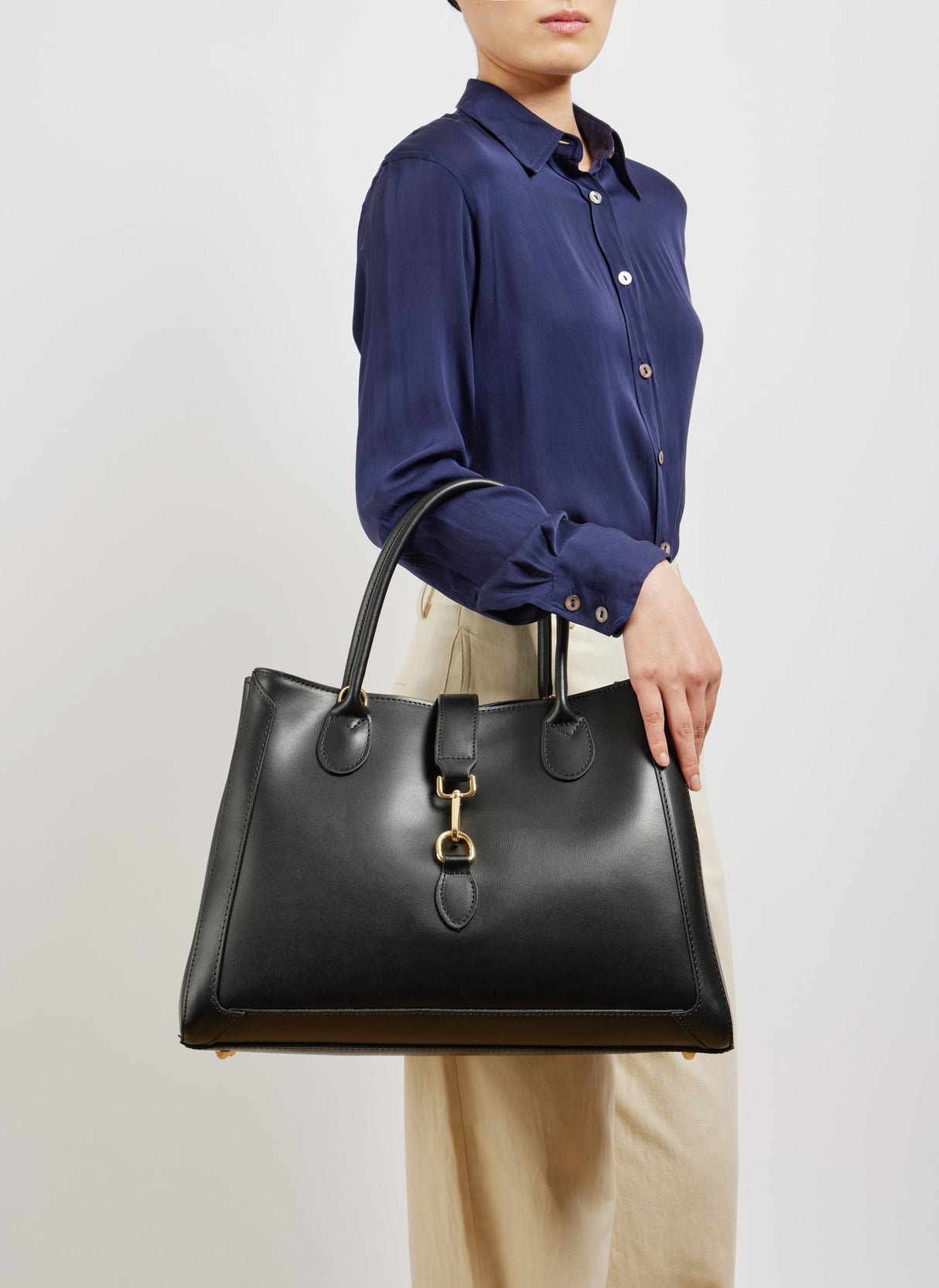Classic Leather Tote Bag Black Brushed Leather Gold Hardware - Product detail 6