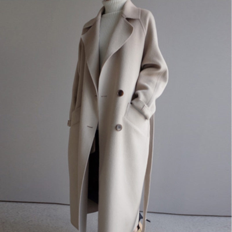 Minimalist Longline Coat Double-Breasted Wool Blend Winter - Product showcase