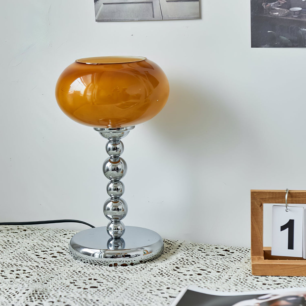 Space Age Table Lamp Orange Glass Globe Chrome Stand - Product detail 4