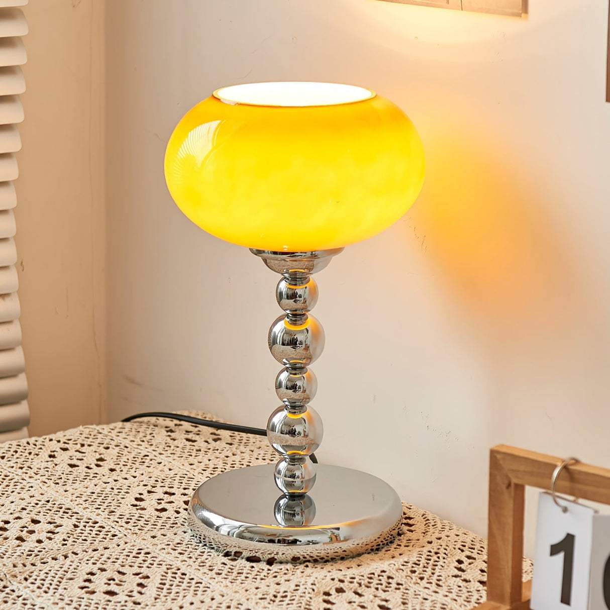 Space Age Table Lamp Orange Glass Globe Chrome Stand - Detailed view