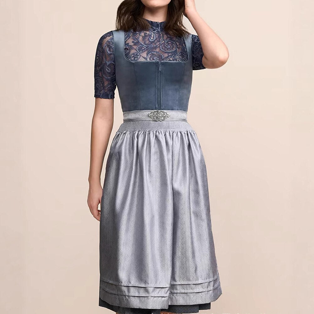 Traditional Dirndl Dress Navy Blue With Satin Apron - Product showcase