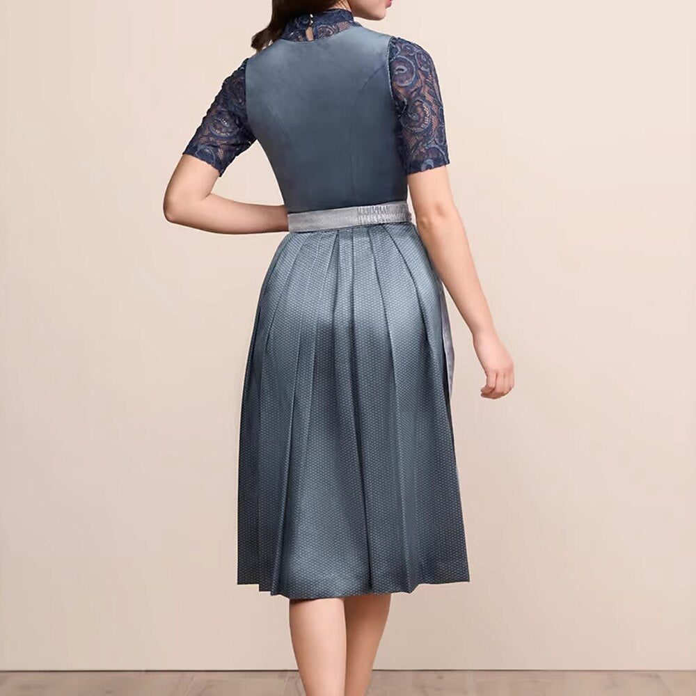 Traditional Dirndl Dress Navy Blue With Satin Apron - Detailed view