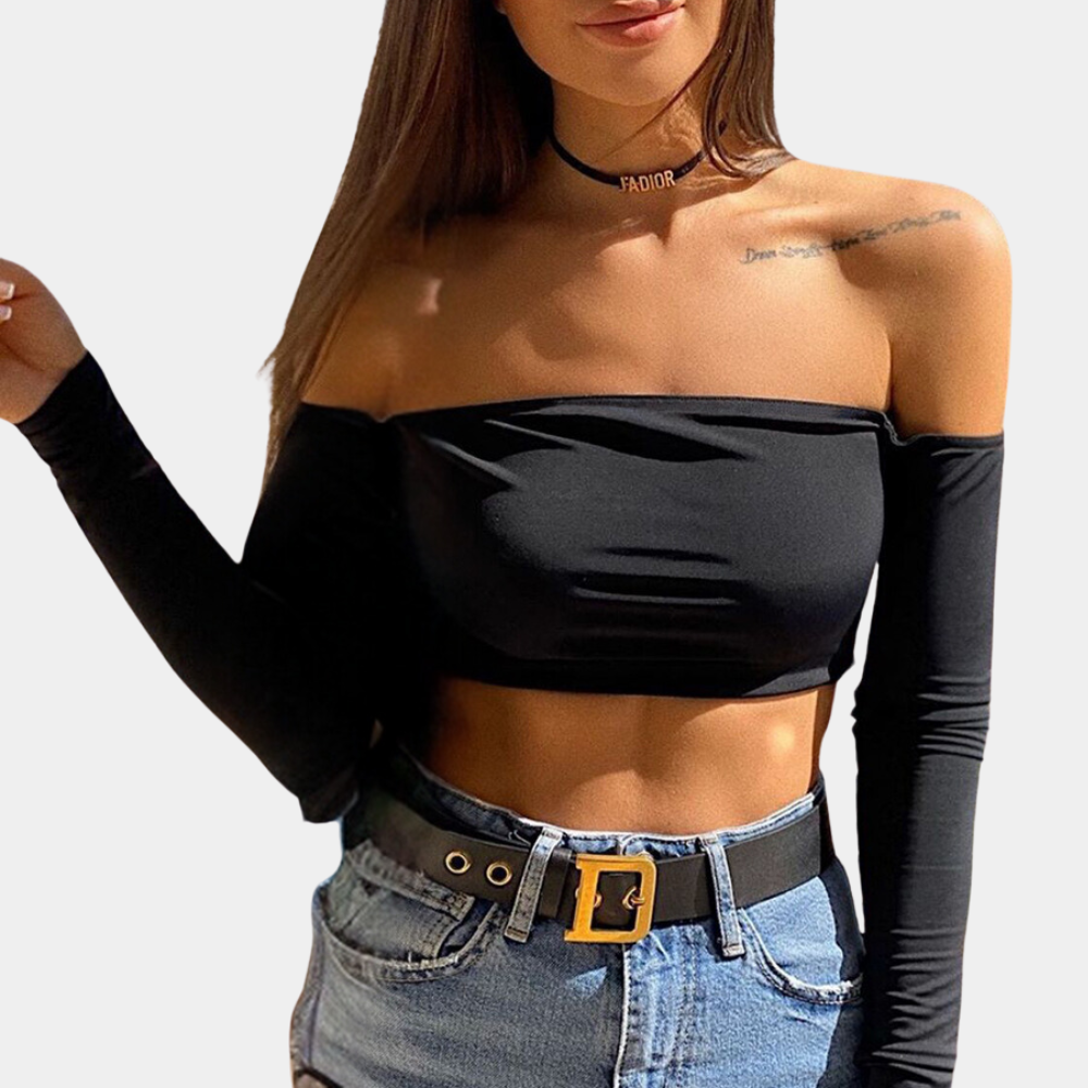 Cotton Off-Shoulder Crop Top Long Sleeve Fashion Essential - Product example