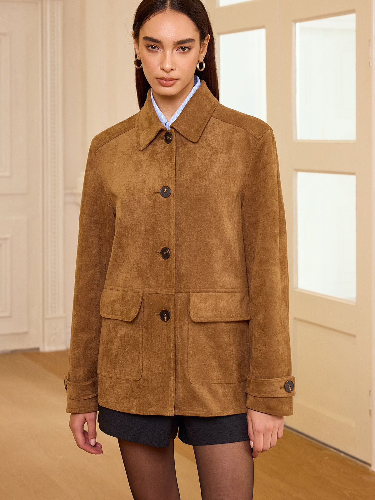 Camel Suede Blazer Collared Button-Front Design - Product detail 6