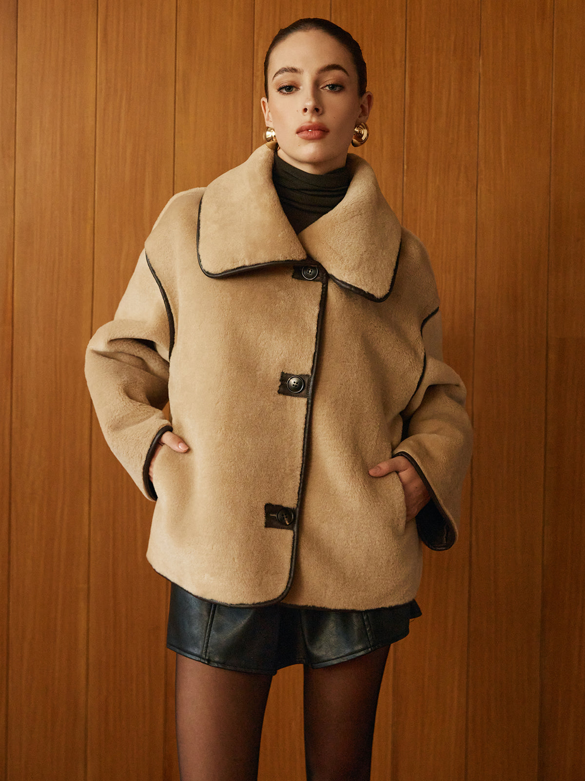 Minky Shift Coat Contrast Piping Faux Leather Details - Product detail 6