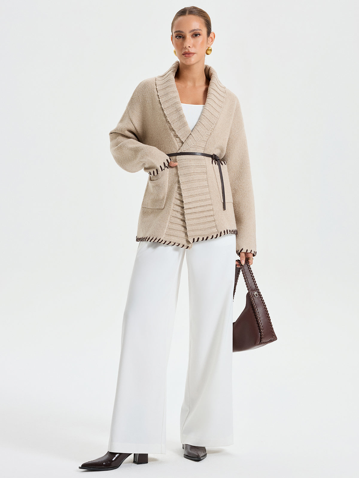 Contrast Stitched Cardigan Belted Shawl Collar Knit - Detailed view