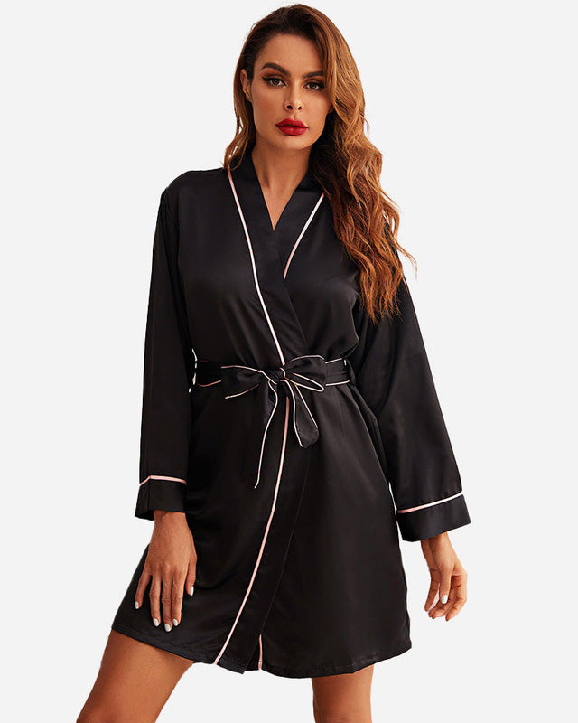 Luxury Satin Robe  Black With Pink Piping Trim - Product showcase