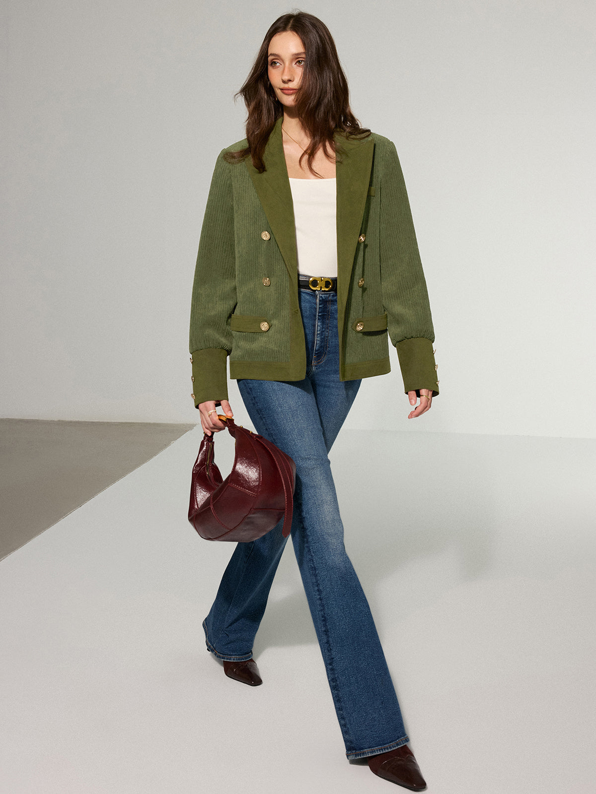 Olive Green Corduroy Blazer Double-Breasted Metal Button Design - Product showcase