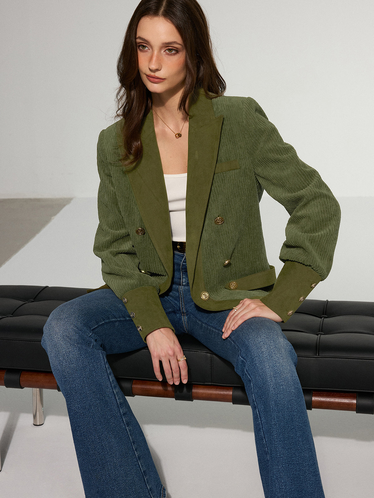Olive Green Corduroy Blazer Double-Breasted Metal Button Design - Product example