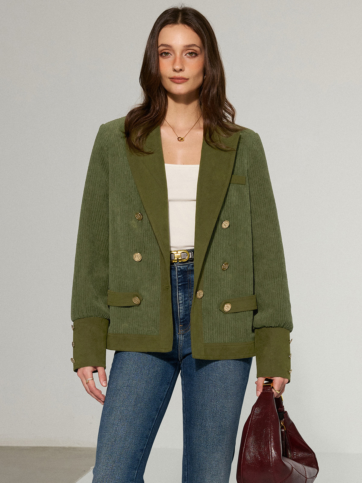 Olive Green Corduroy Blazer Double-Breasted Metal Button Design - Product detail 4