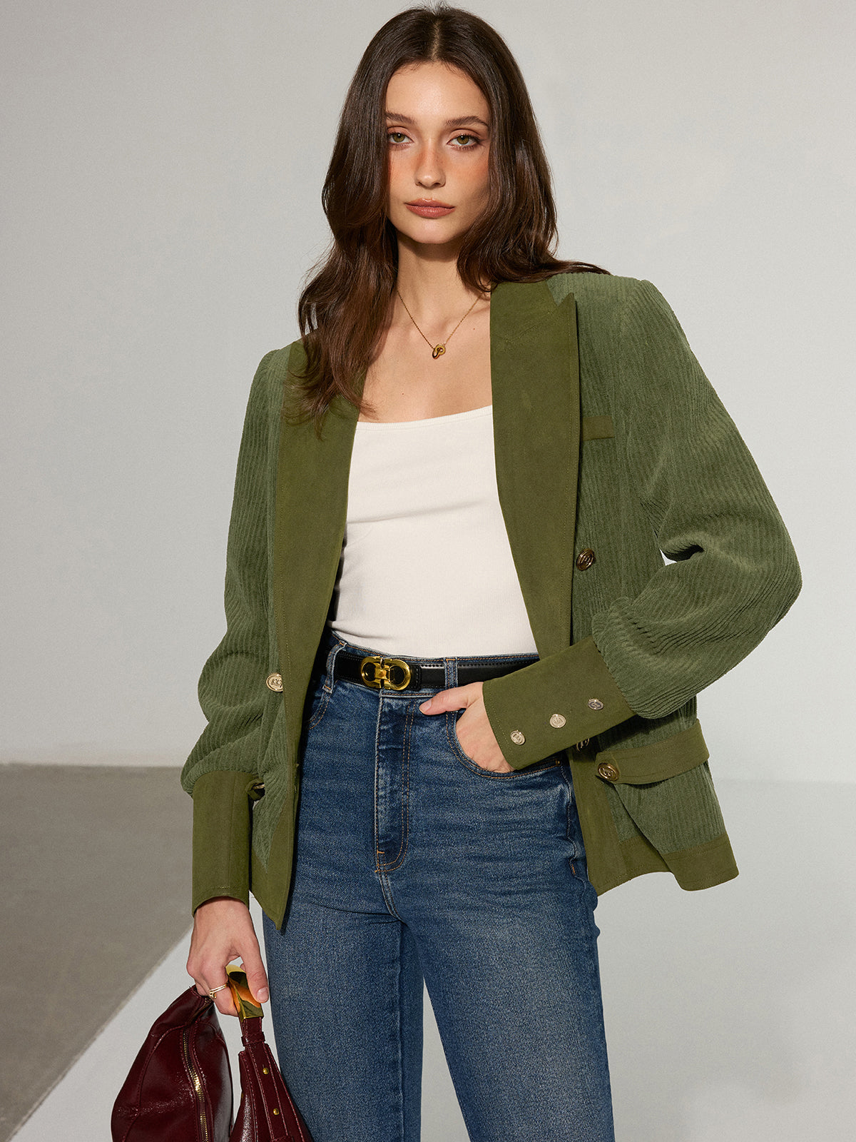 Olive Green Corduroy Blazer Double-Breasted Metal Button Design - Product detail 5