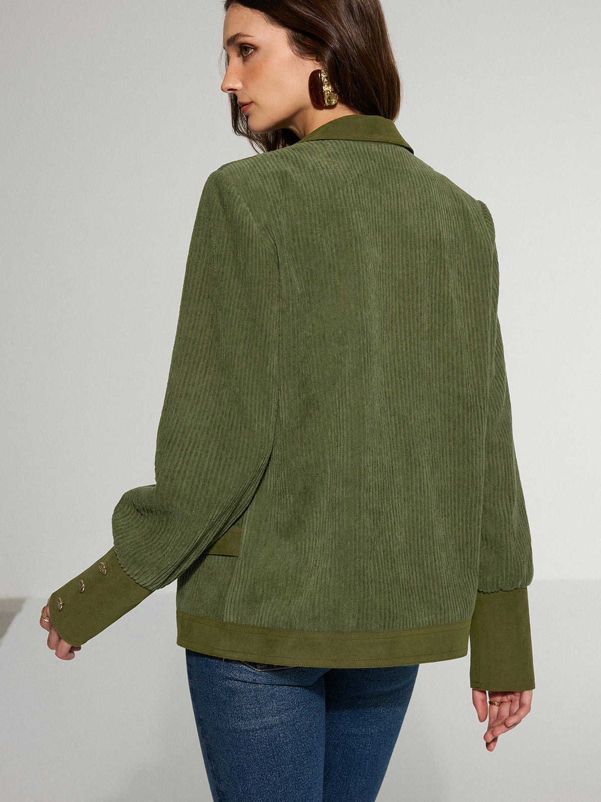 Olive Green Corduroy Blazer Double-Breasted Metal Button Design - Product detail 6