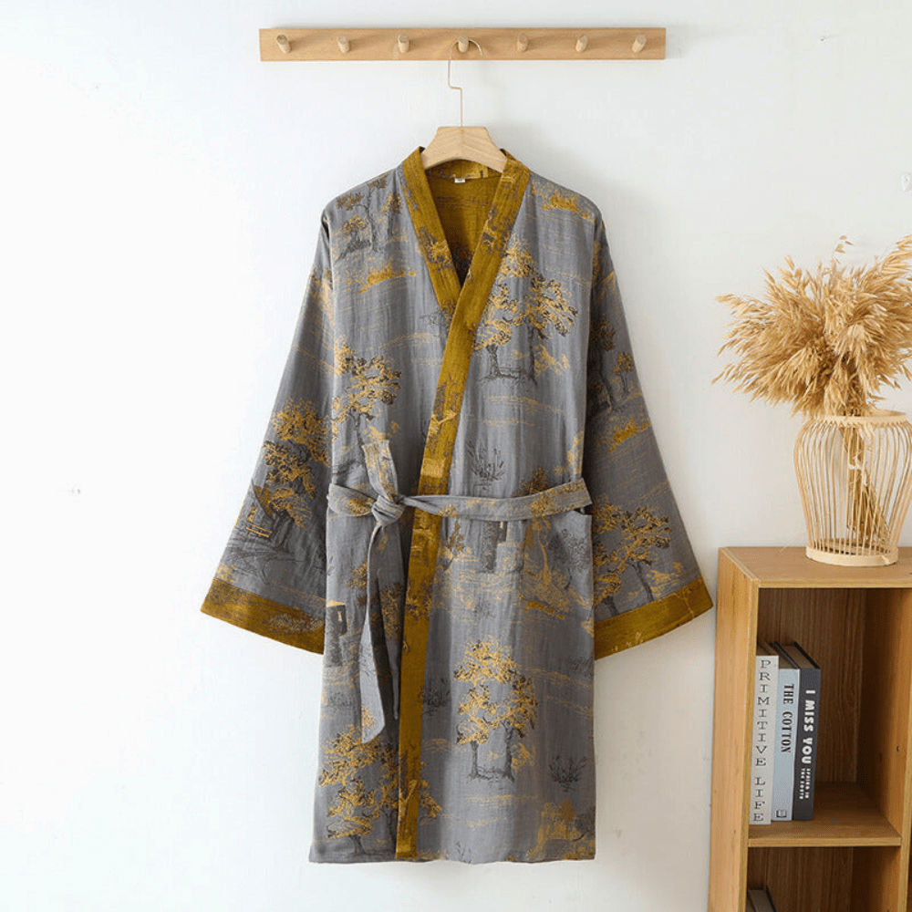 Cotton Gauze Kimono Robe Retro Floral Print Design - Product example