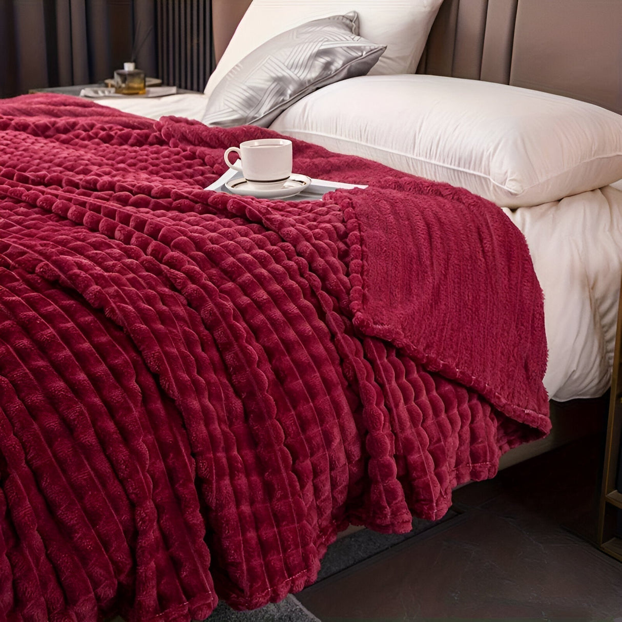 Chunky Knit Throw Blanket Ultra-Soft Coral Fleece Textured Design - Product showcase
