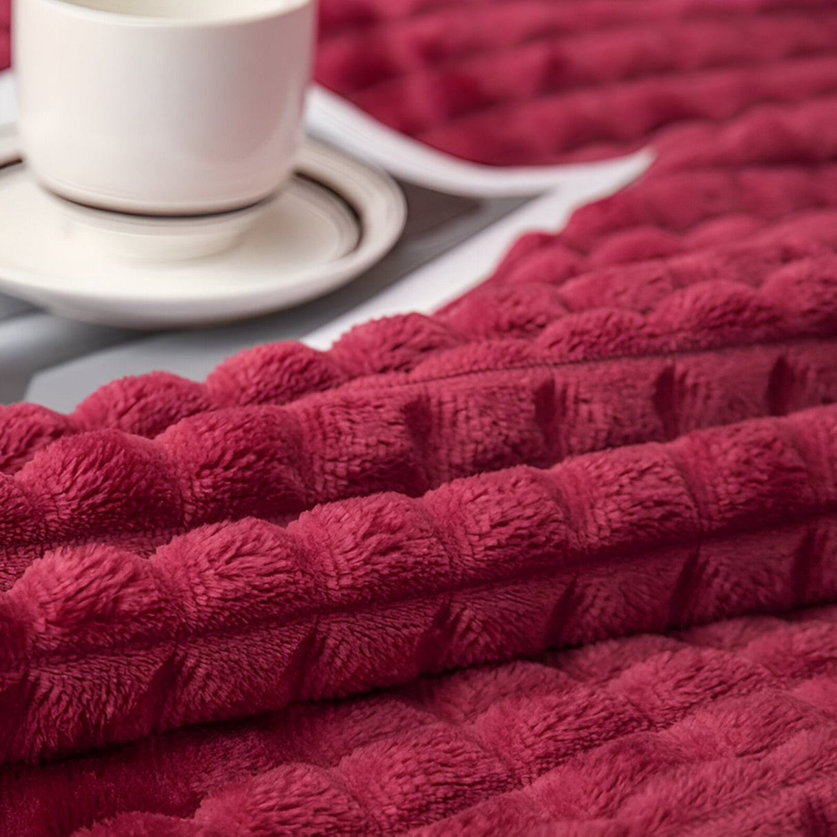 Chunky Knit Throw Blanket Ultra-Soft Coral Fleece Textured Design - Detailed view
