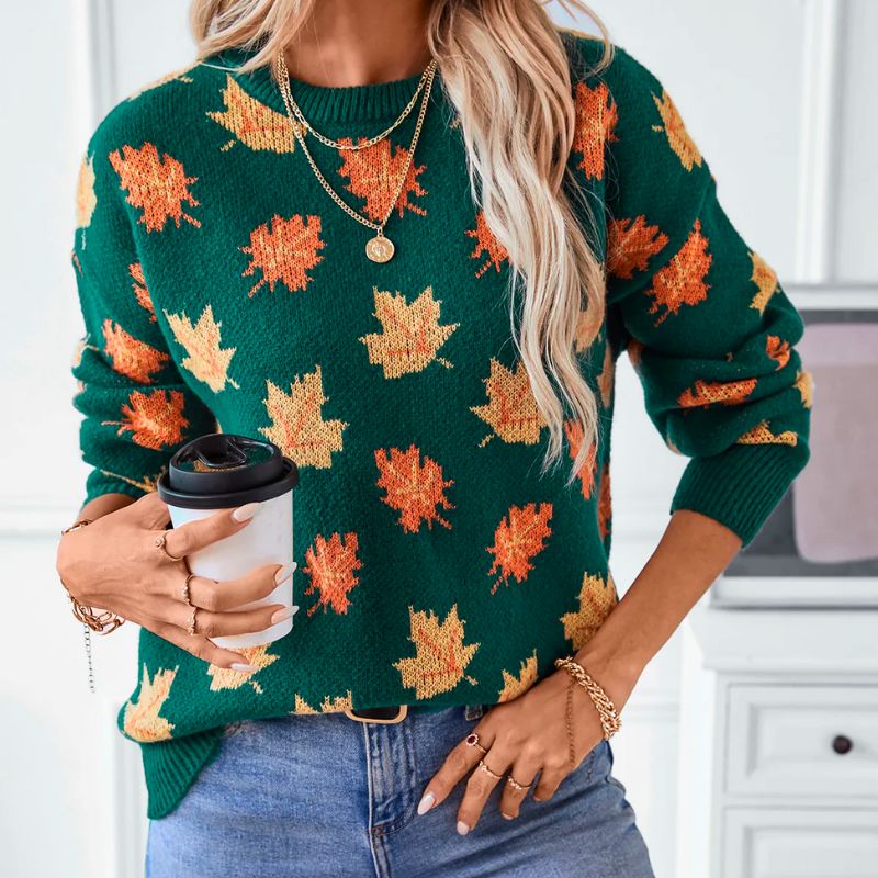 Autumn Knit Sweater Maple Leaf Pattern In Forest Green - Product example