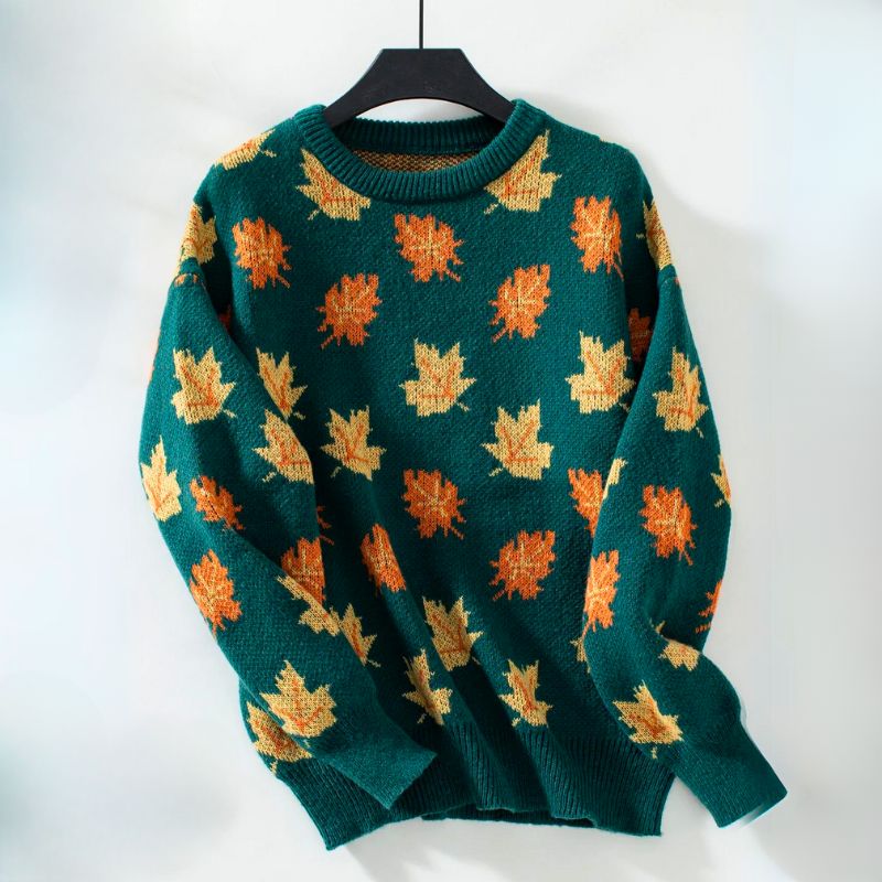 Autumn Knit Sweater Maple Leaf Pattern In Forest Green - Product detail 4