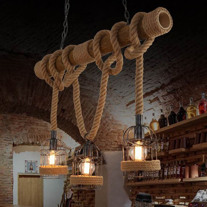 Rustic Rope Ceiling Light Industrial Cage Pendant Design - Detailed view