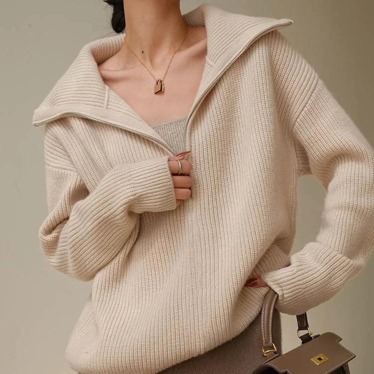 Half Zip Knit Sweater Ribbed Cashmere Blend Pullover - Detailed view