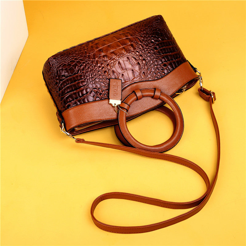 Crocodile Pattern Handbag Brown PU Leather with Gold Hardware - Detailed view