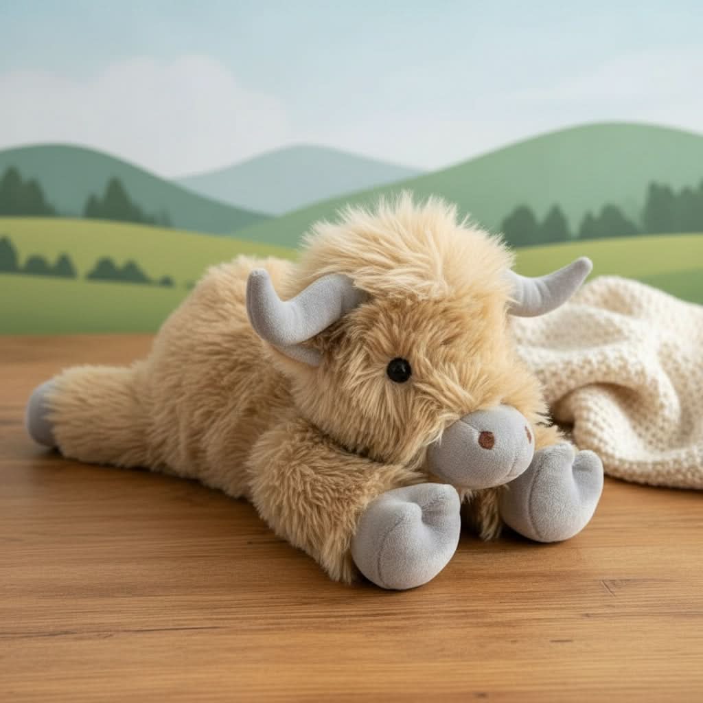 Highland Cow Plush Toy Soft Brown Fluffy Farm Animal - Product showcase