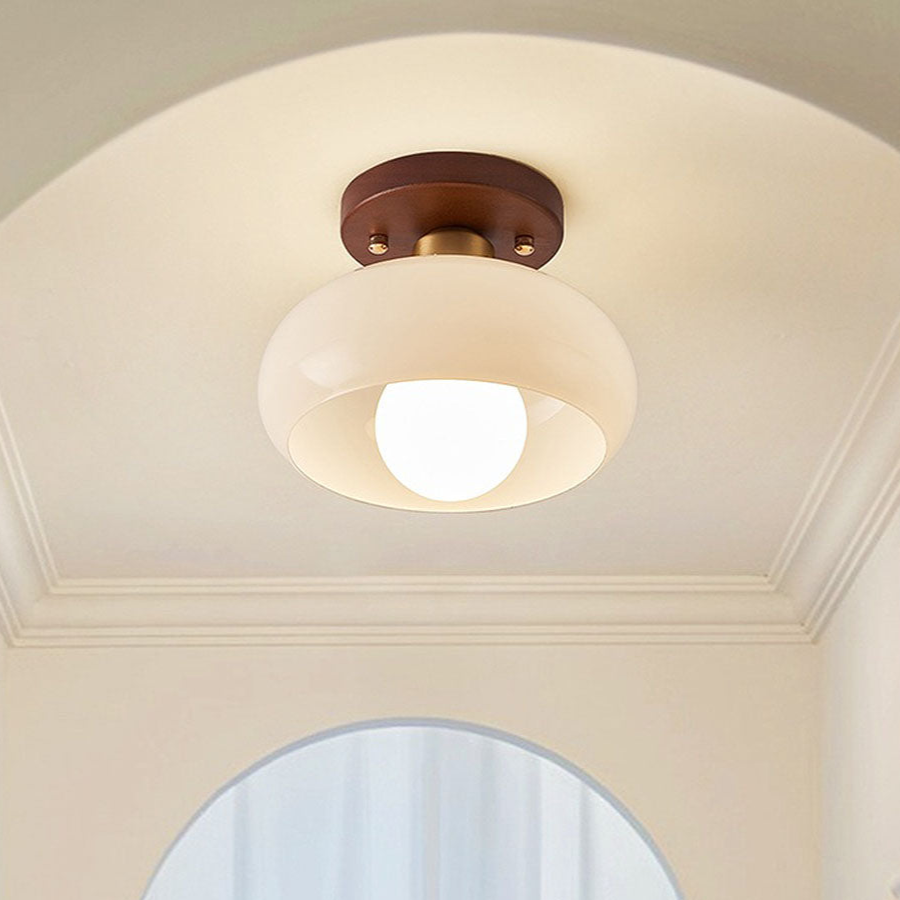 Vintage Ceiling Light Wood and Glass Dome Design - Detailed view