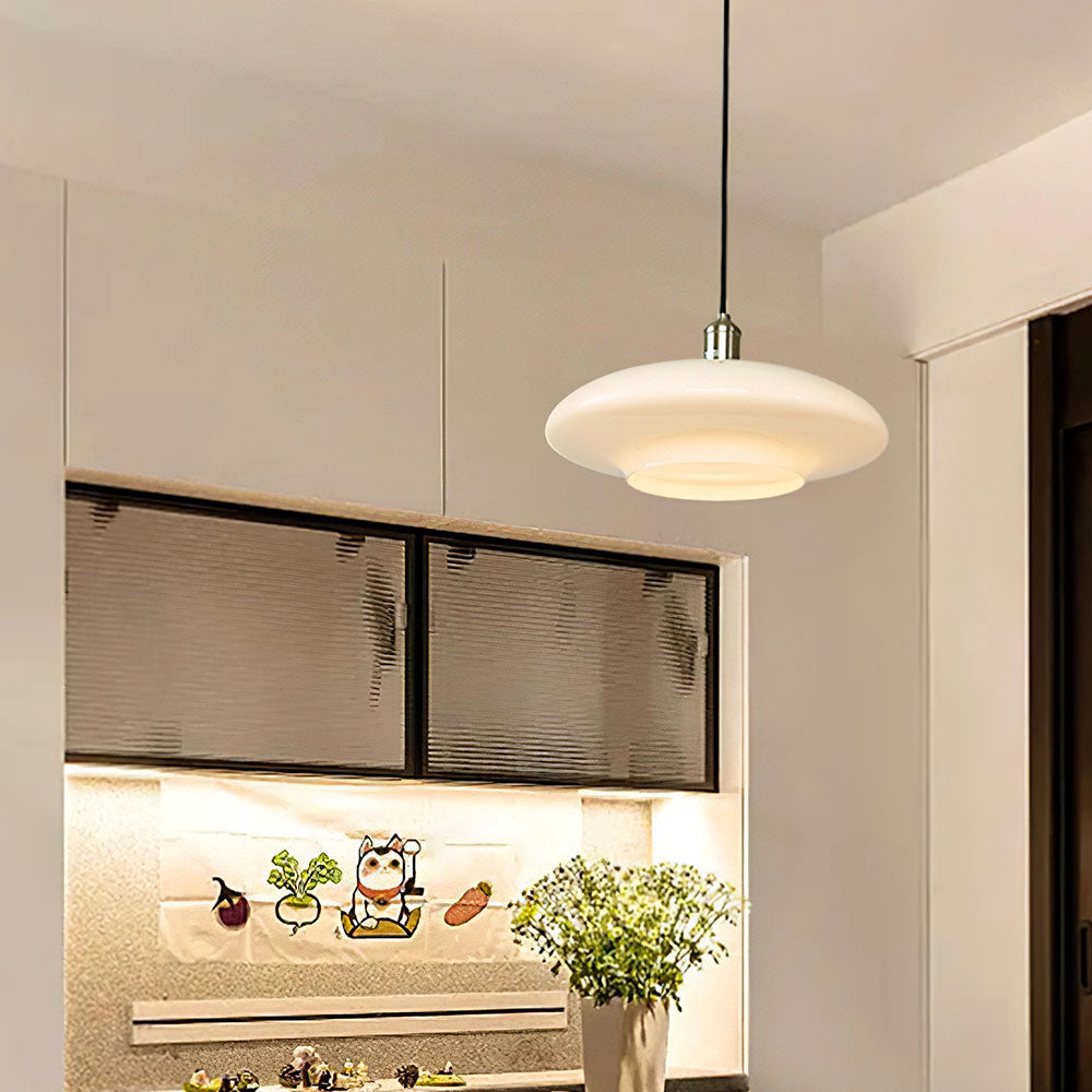 Modern Glass Pendant Light White Disc Shade Design - Product showcase
