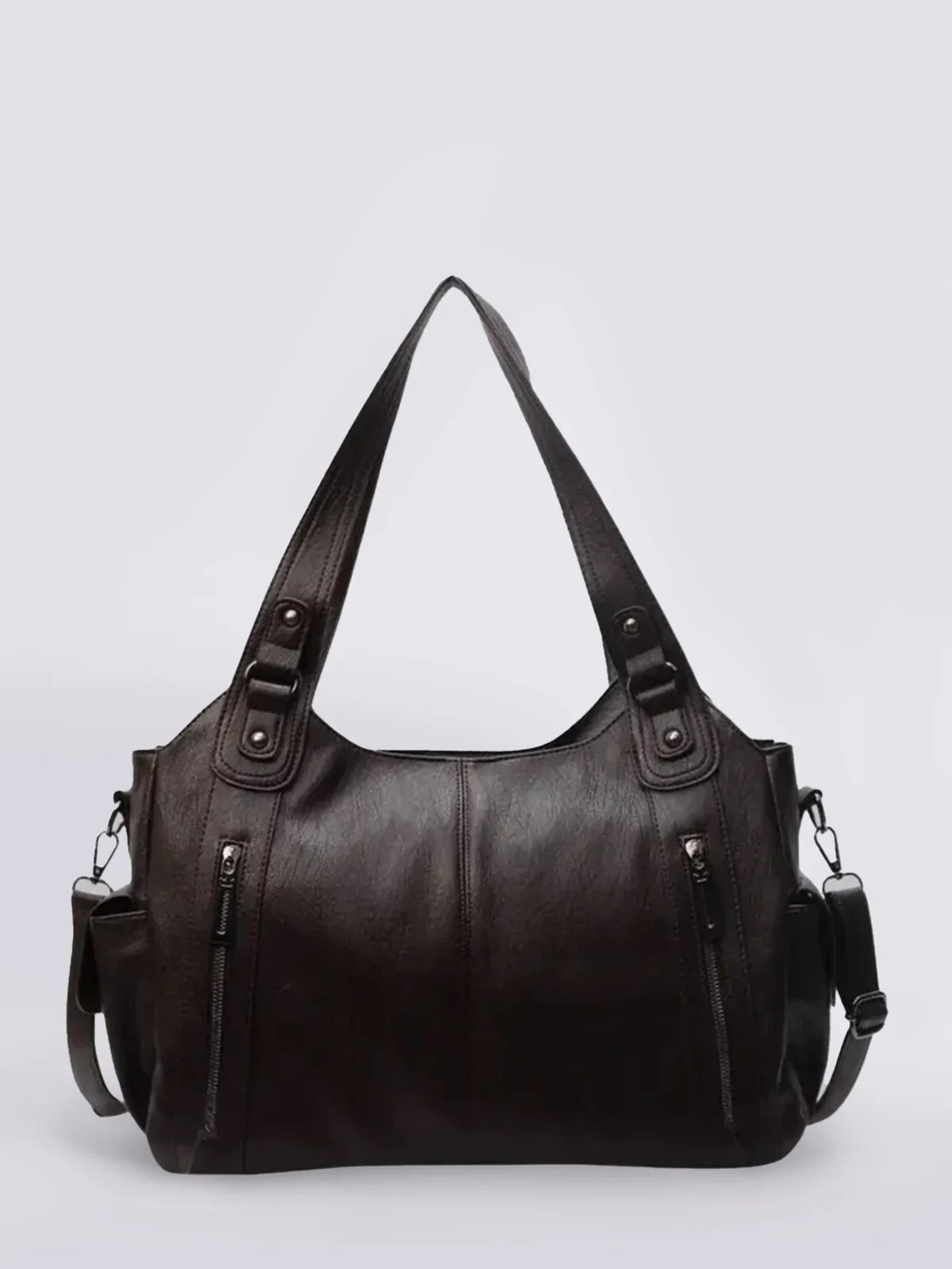 Vintage Leather Shoulder Bag Cognac Brown with Zipper Details - Product example