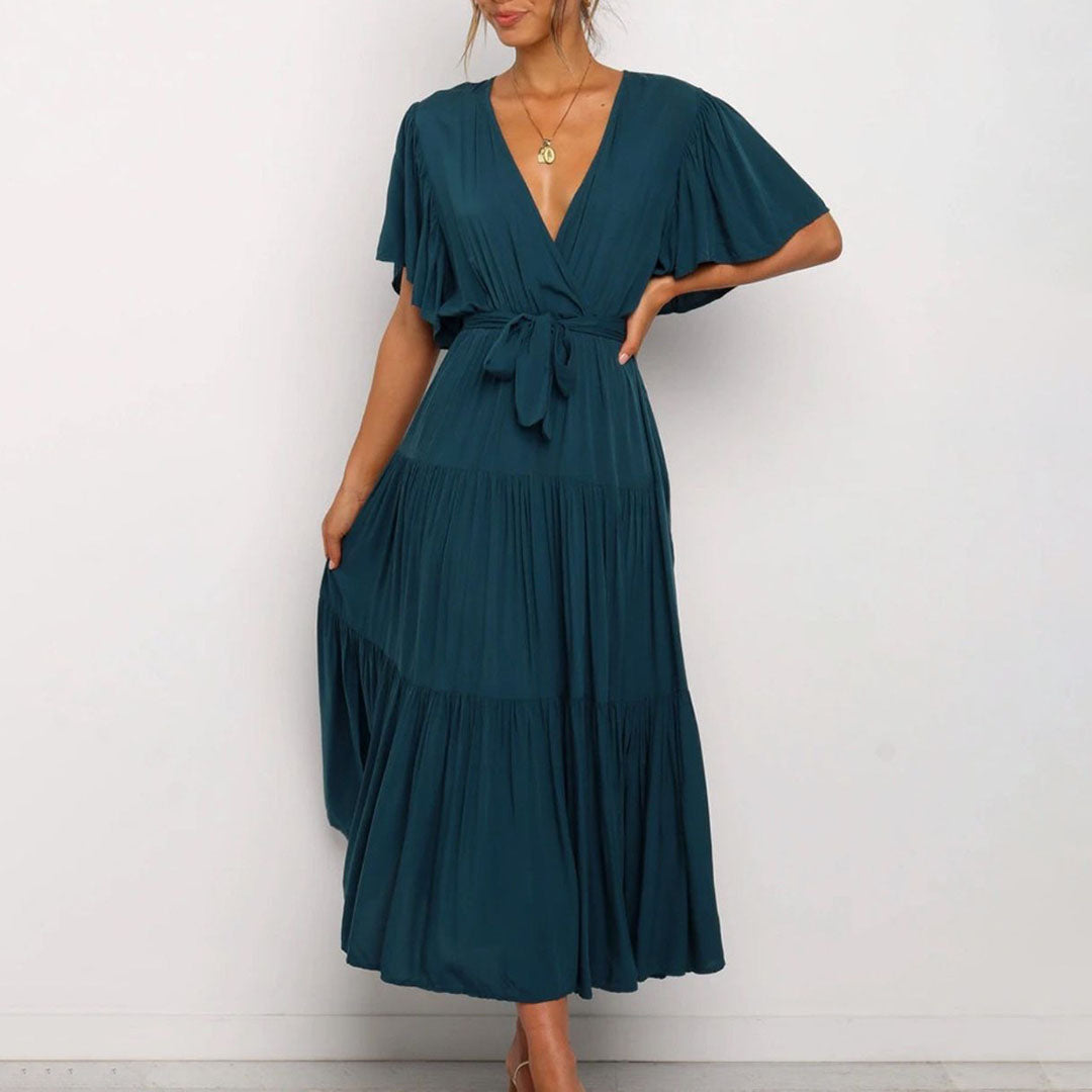 Elegant Wrap Midi Dress Flutter Sleeve V-Neck Design - Detailed view