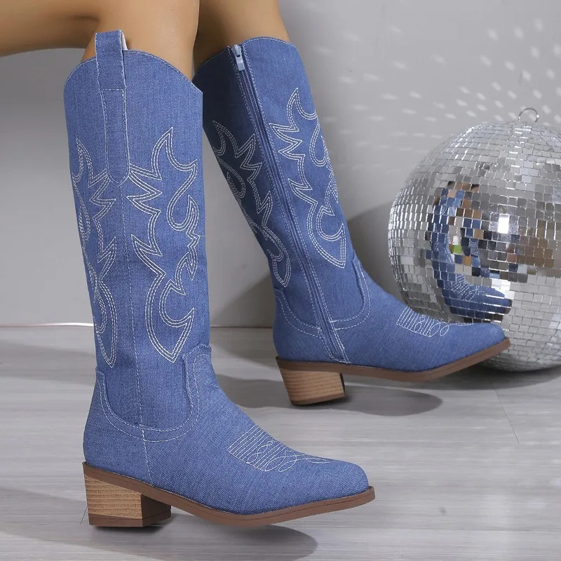 Western Denim Boots  Classic Embroidered Cowgirl Design - Product showcase