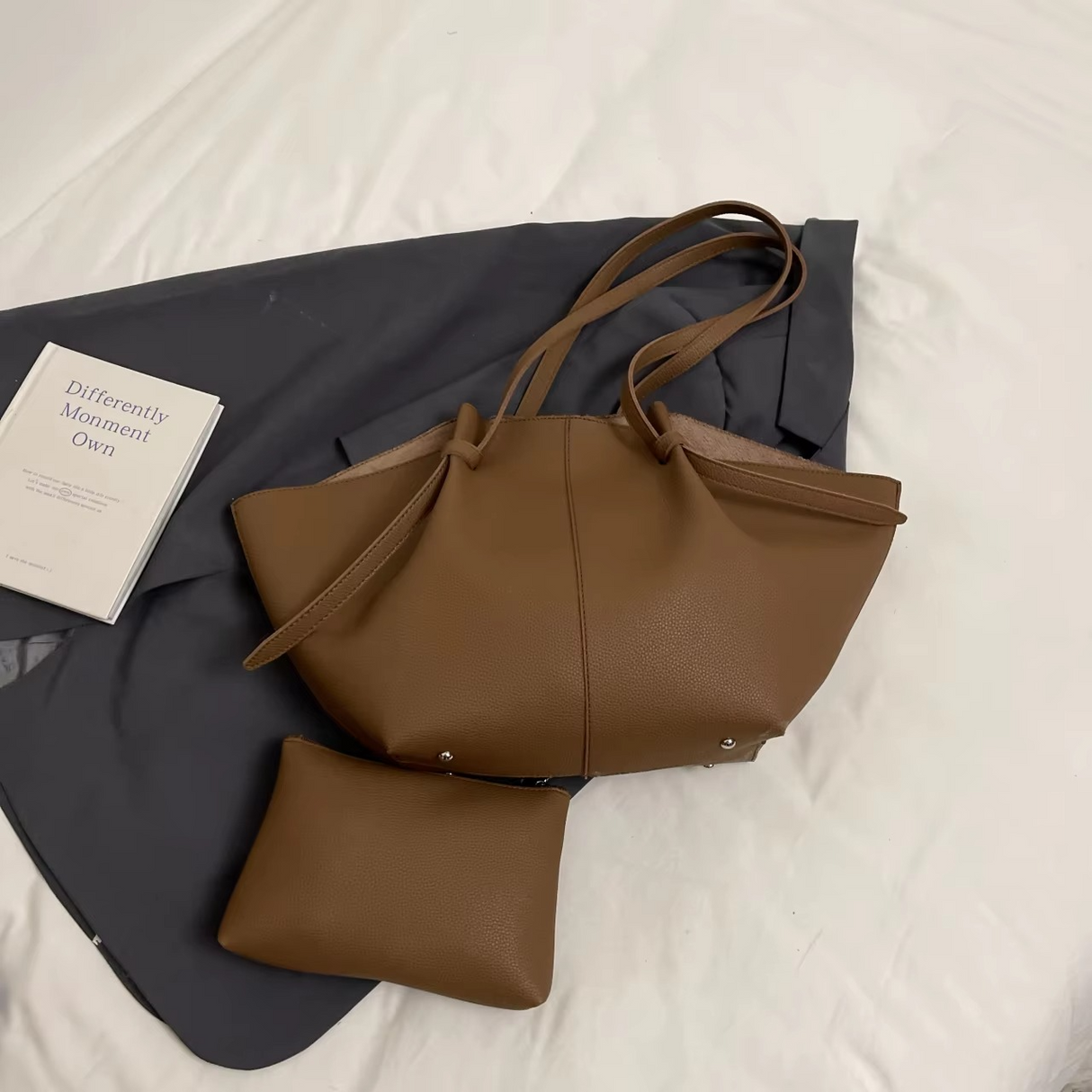 Minimalist Leather Tote Bag Double Compartment Design - Product showcase
