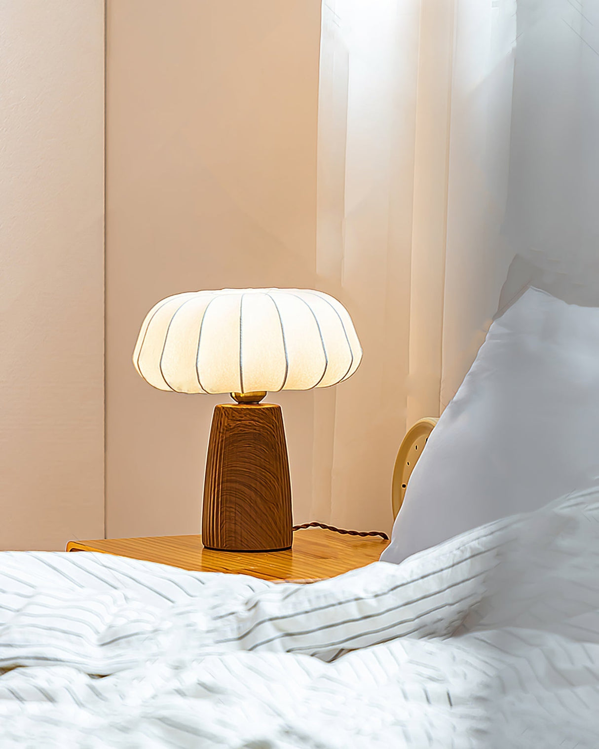 Modern Table Lamp Walnut Base White Fabric Shade - Product detail 4