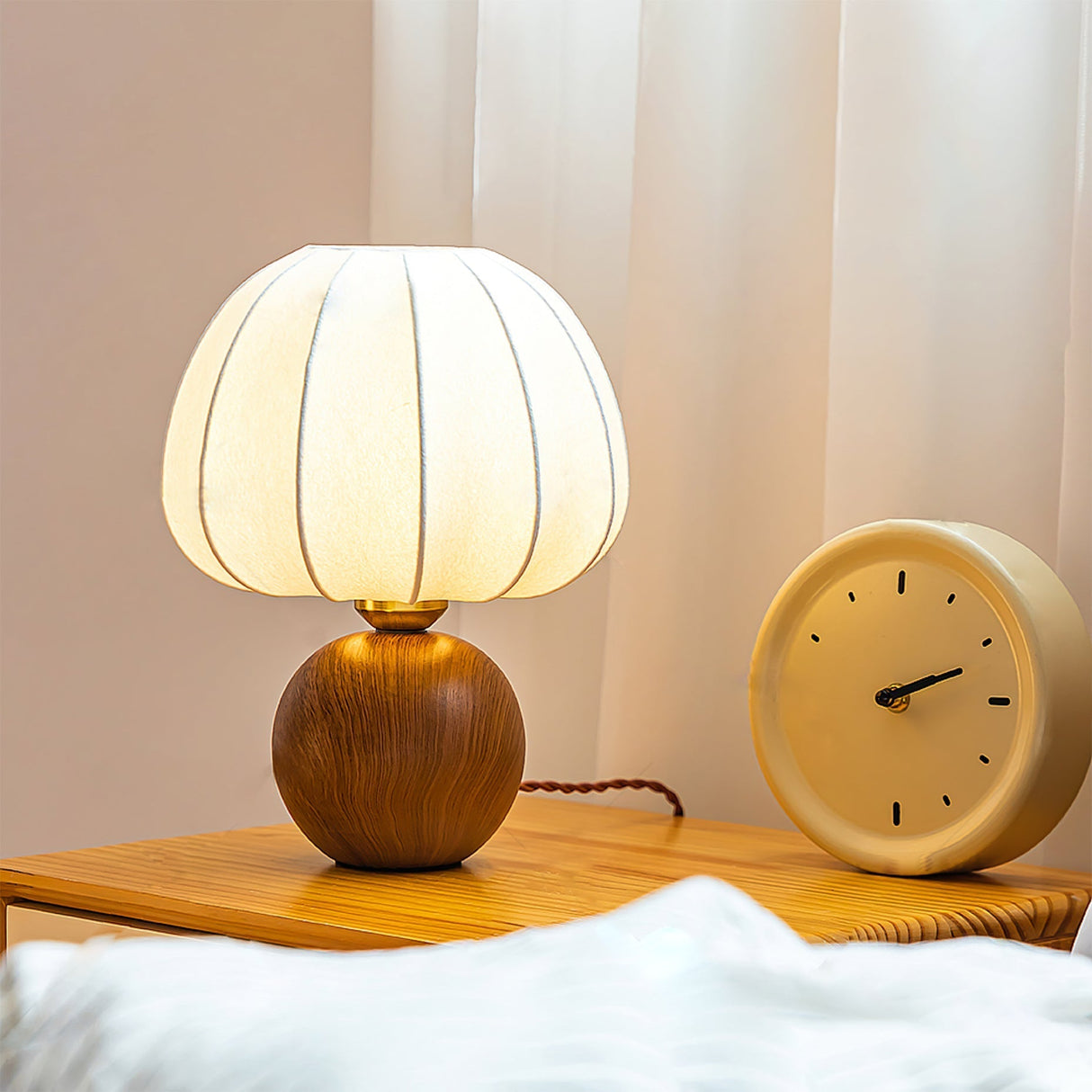 Modern Table Lamp Walnut Base White Fabric Shade - Detailed view