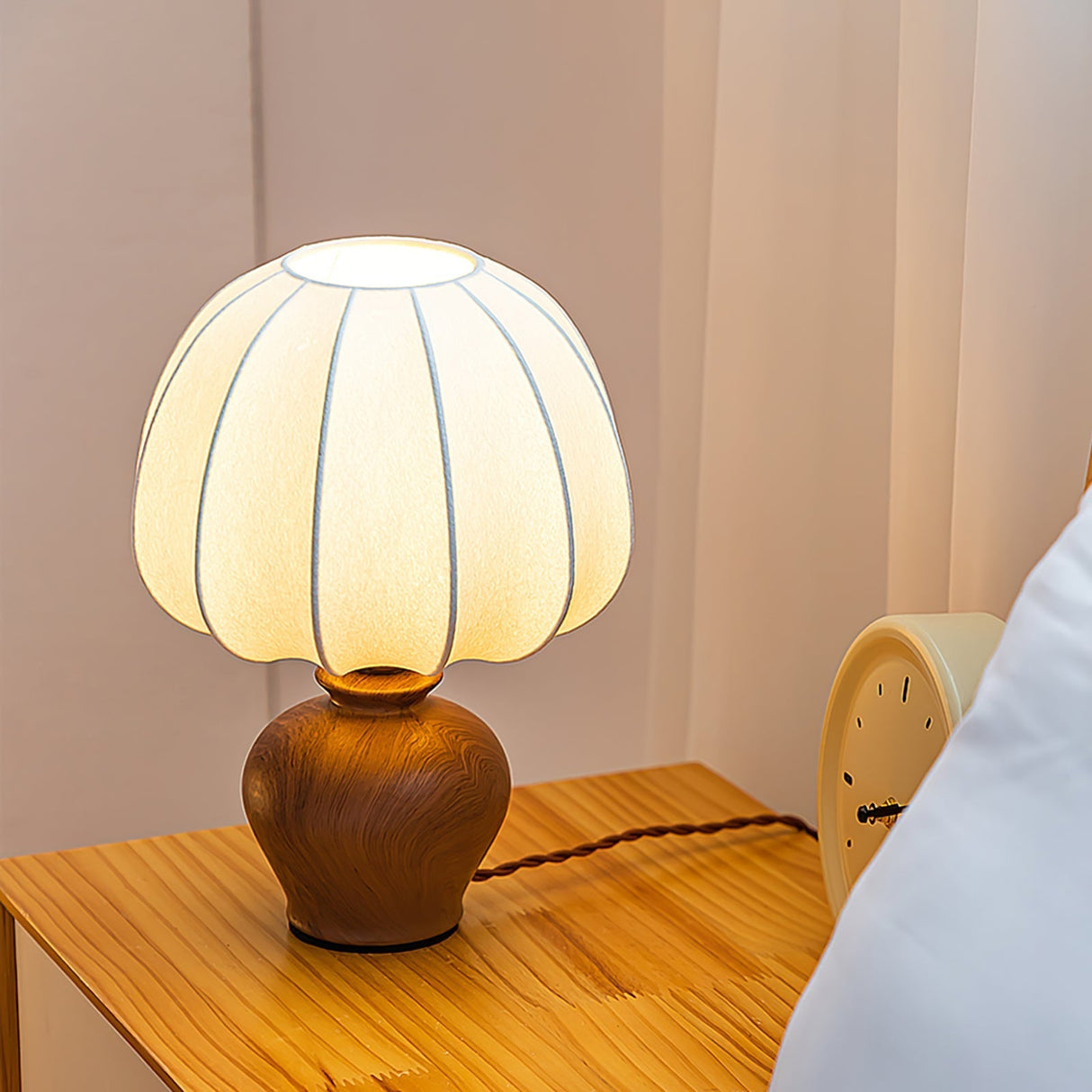 Modern Table Lamp Walnut Base White Fabric Shade - Product example