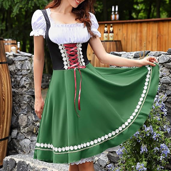 Traditional Dirndl Dress  Bavarian Green with Lace Trim - Product showcase