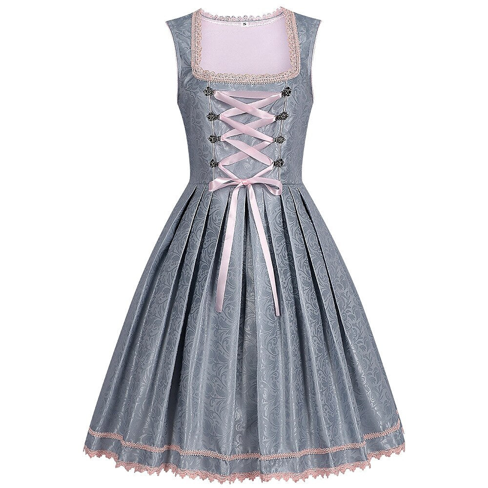 Traditional Dirndl Dress Grey Floral Lace with Pink Satin Accents - Product example