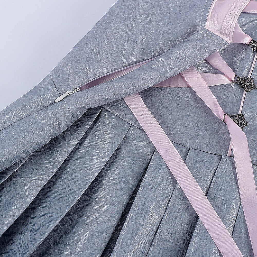 Traditional Dirndl Dress Grey Floral Lace with Pink Satin Accents - Product detail 4