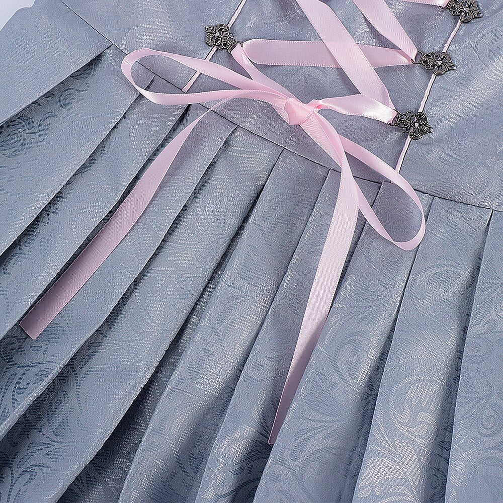 Traditional Dirndl Dress Grey Floral Lace with Pink Satin Accents - Product detail 5