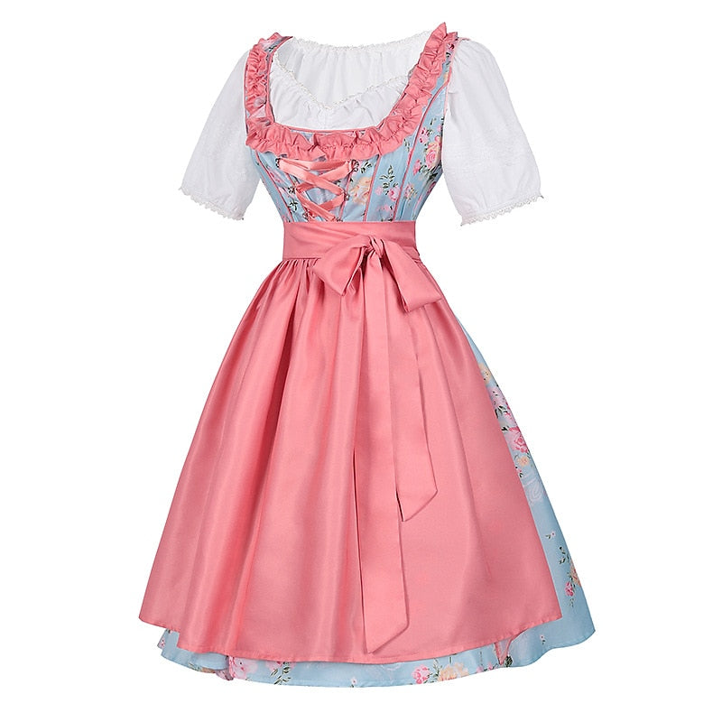 Traditional Dirndl Dress  Floral Pattern with Pink Apron Set - Detailed view