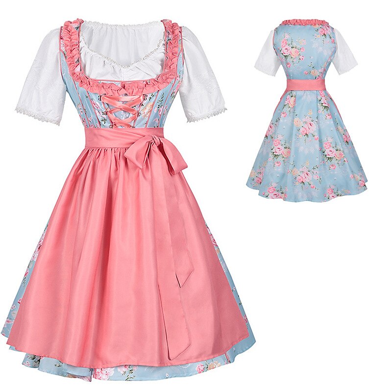 Traditional Dirndl Dress  Floral Pattern with Pink Apron Set - Product detail 4