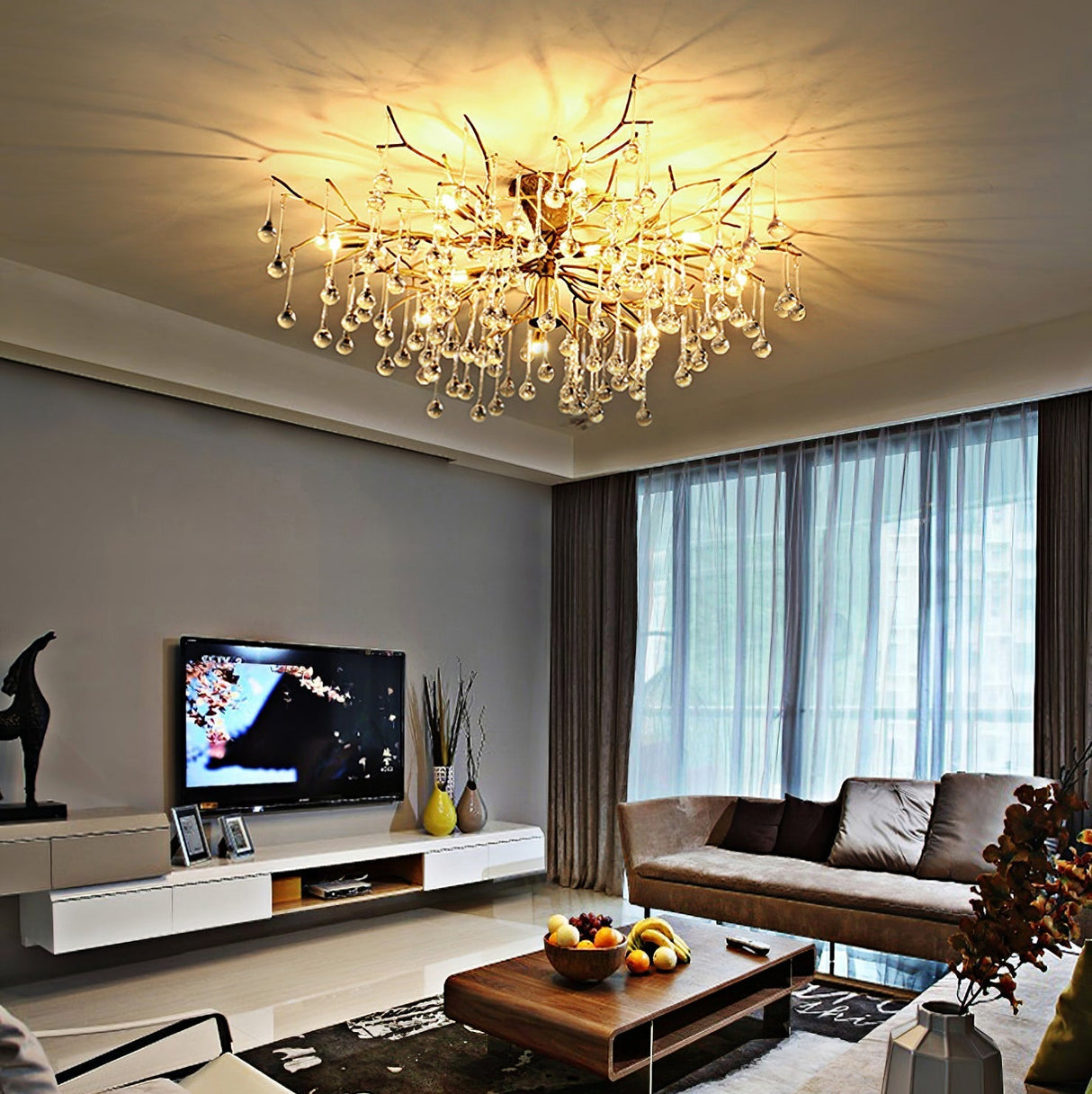 Crystal Glass Ceiling Light Brass Frame with Droplet Pendants - Product detail 10