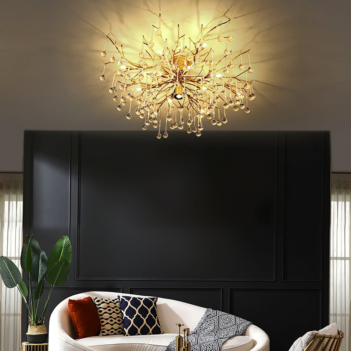 Crystal Glass Ceiling Light Brass Frame with Droplet Pendants - Product detail 14