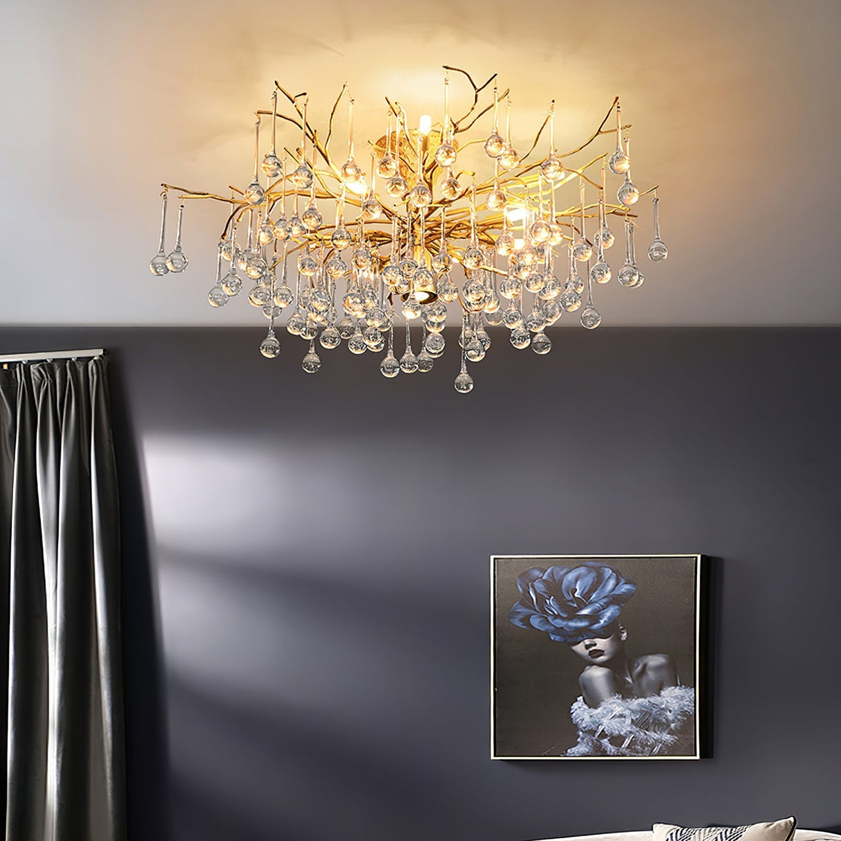 Crystal Glass Ceiling Light Brass Frame with Droplet Pendants - Product detail 4